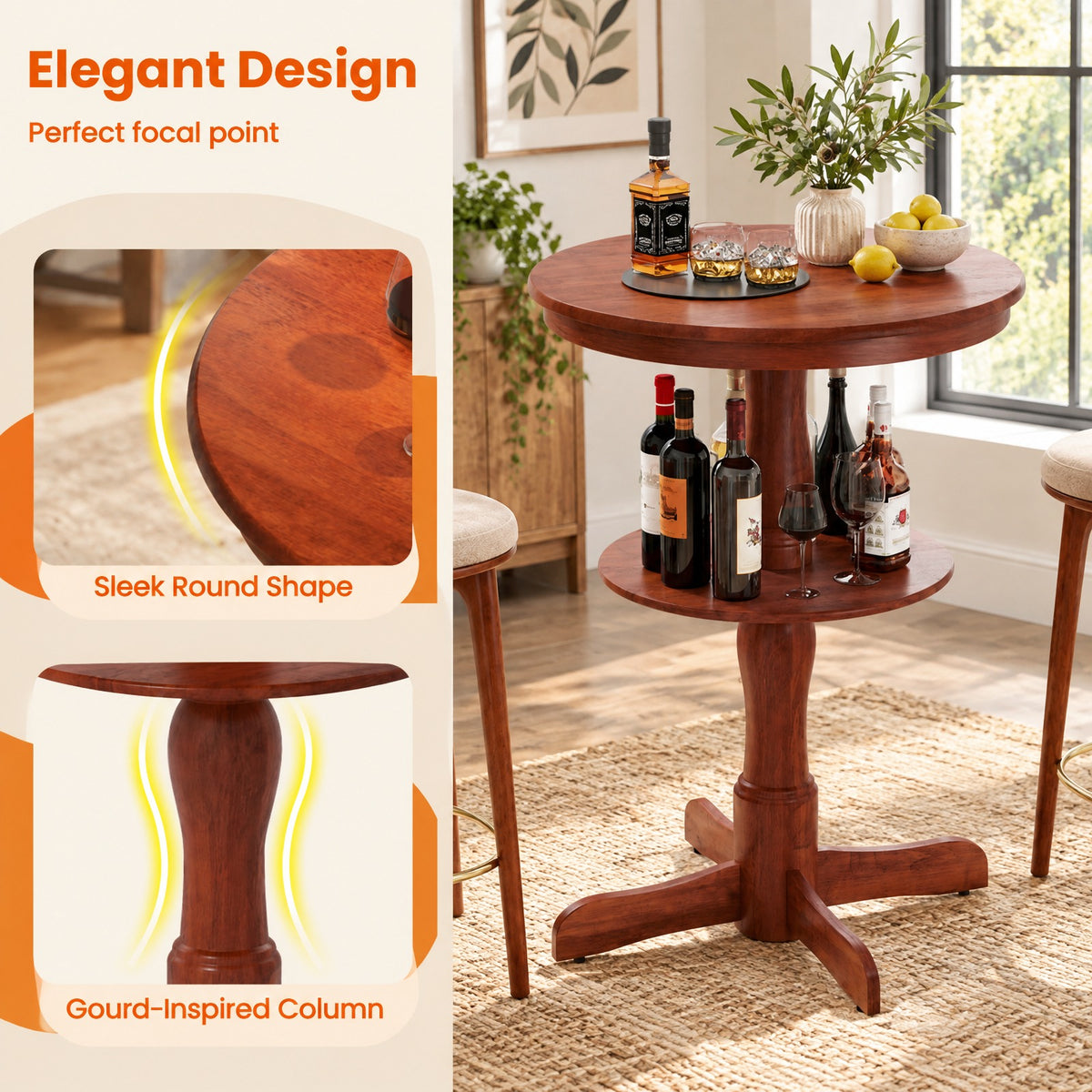 Airfind 2-Tier Round High Top Bar Table with Storage Shelf and Pedestal Base, 88 lbs Capacity, Rubber Wood MDF Frame, 29.5 Inch x 42 Inch Footprint