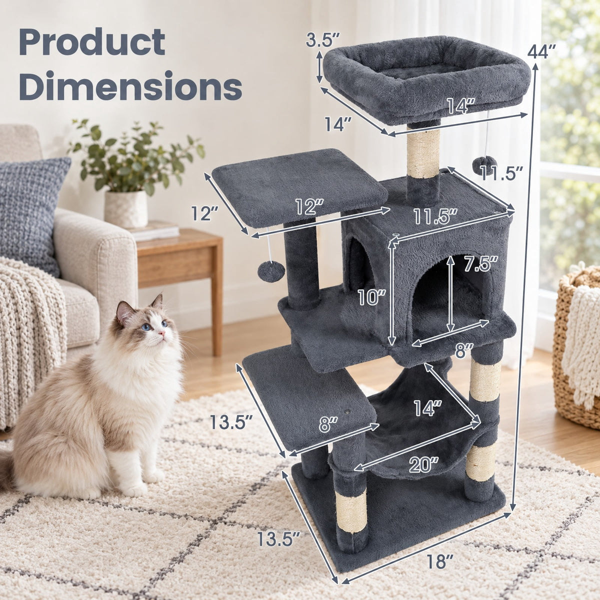 Airfind Multi-Level Cat Tower with 2-Door Condo and Padded Top Perch, PP Cotton Fabric Sisal Engineered Wood Overall Height 44 Base Frame, Gray