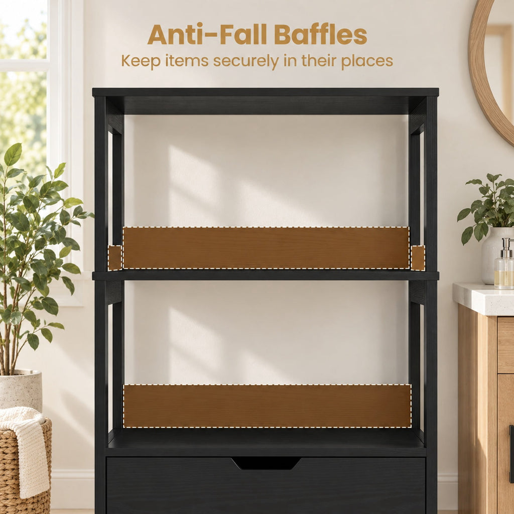 Airfind Bathroom Storage Cabinet with Open Shelves and Drawer, 110 lbs Capacity, Engineered Wood Frame, 24in x 13in x 48in Footprint, Black