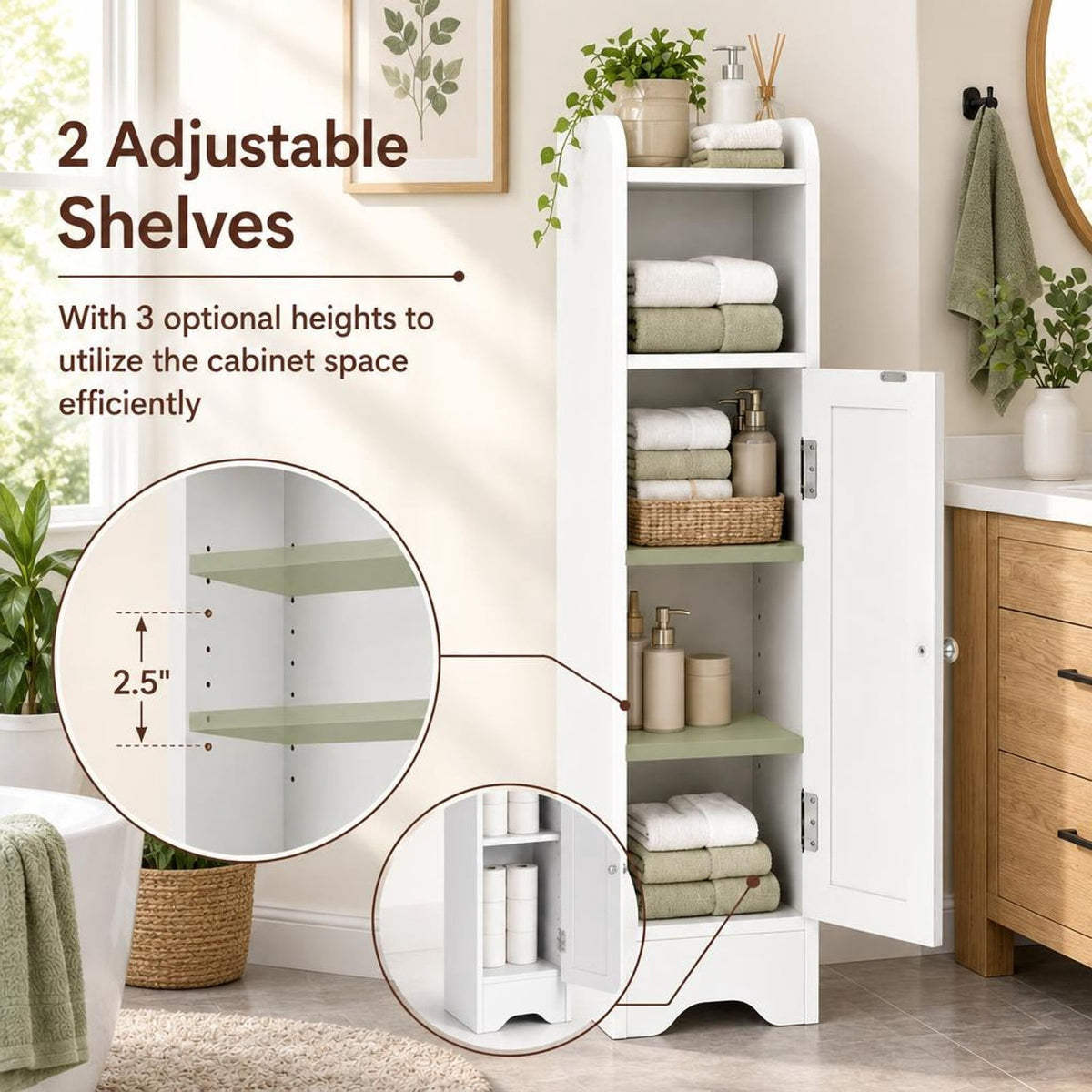 Airfind Slim Bathroom Cabinet Corner with 1 Door and Adjustable Shelves, 22 lbs Capacity, Engineered Wood Frame, 7.5in x 7in x 31.5in Footprint, White