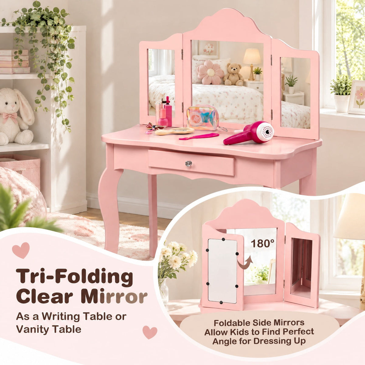 Airfind Kids Makeup Dressing Mirror Vanity Table Stool Set, 33 lbs Capacity, MDF Frame, 27.5 x 13.5 x 41 Footprint, Pink