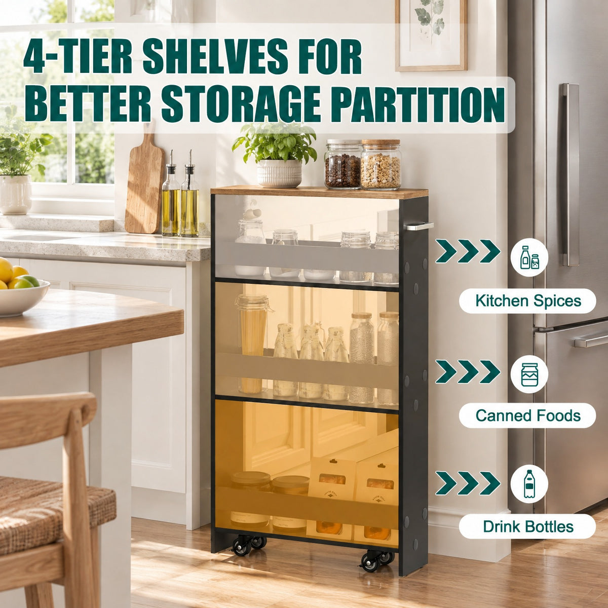 Airfind Rolling Kitchen Slim Storage Cart Mobile Shelving Organizer with Handle, Engineered wood Frame, 19in x 5in x 32in Footprint, Gray