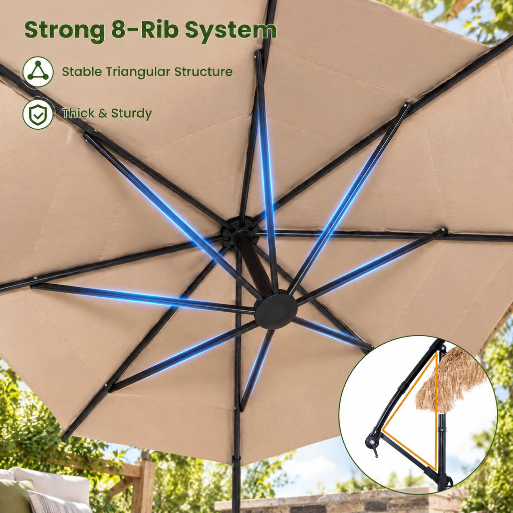 Airfind 10 FT Solar Thatched Cantilever Umbrella with 12 Modes and Crank Lift, PE Thatch Polyester Fabric Metal ABS Frame, Brown