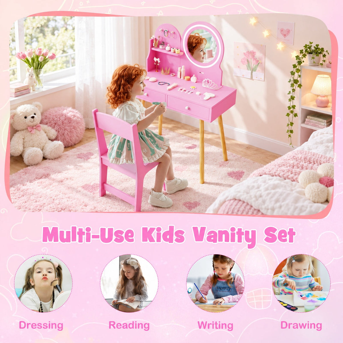 Airfind Kids Princess Makeup Dressing Desk and Chair Set with Mirror and Lights, 110 lbs Capacity, MDF Frame, for 3+ years old, Pink
