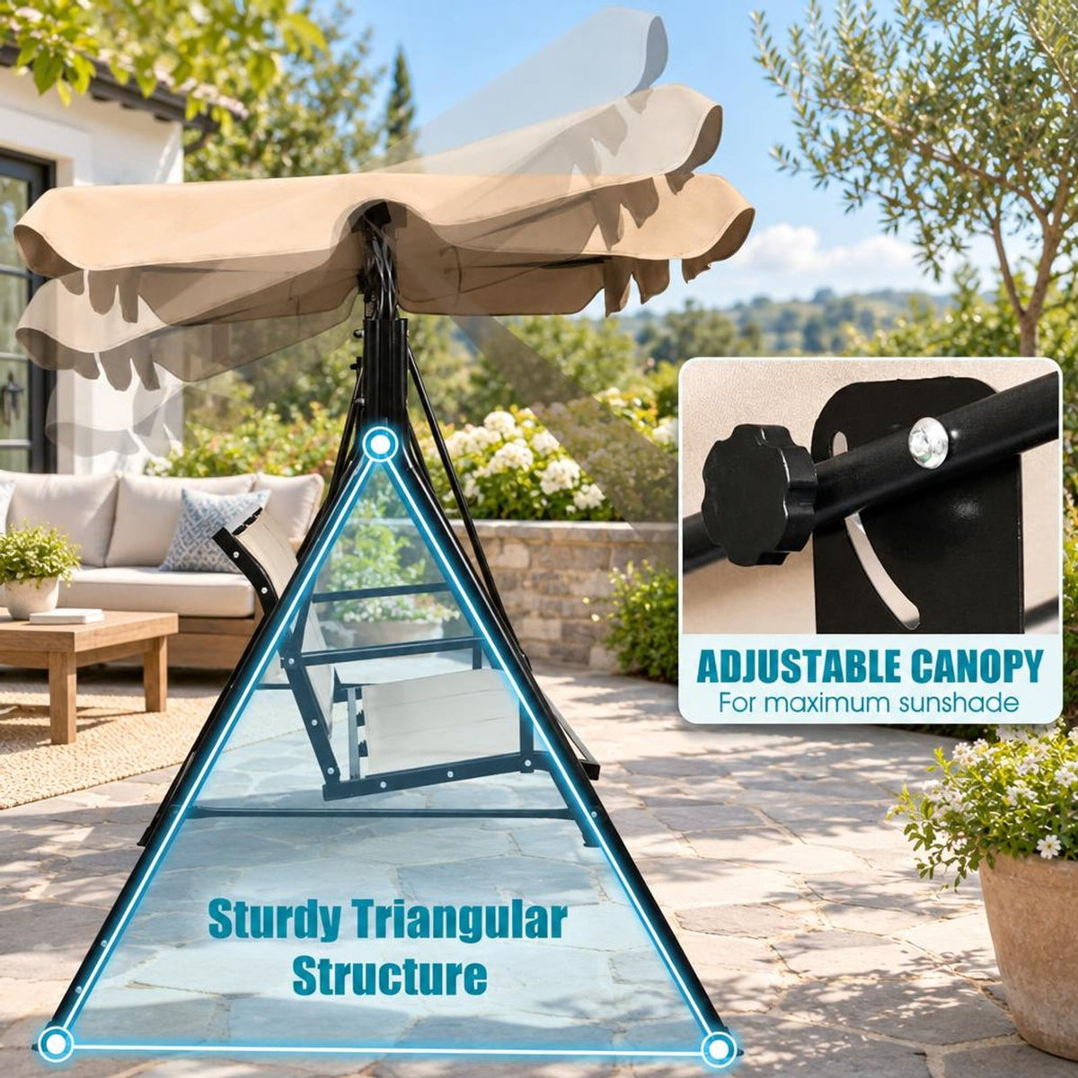 Airfind 3 Person Steel Frame Patio Swing with Polyester Angle and Adjustable Canopy, 550 lbs Capacity, Steel textile fiber polyester Frame, Brown