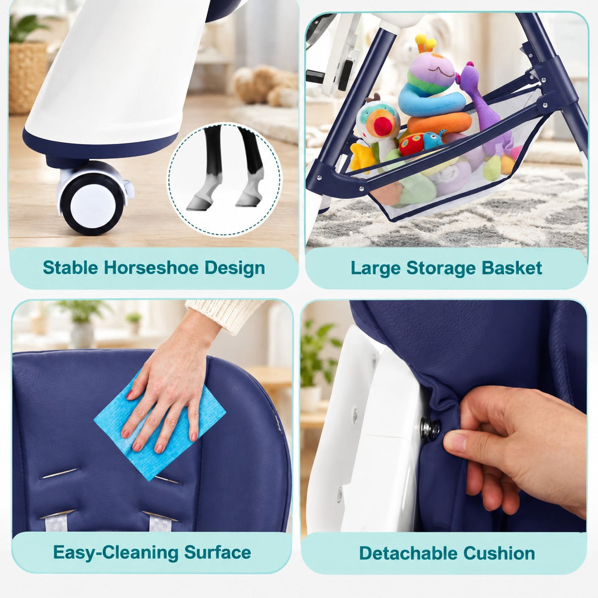 Airfind A-Shaped High Chair with 4 Lockable Wheels, 50 lbs Capacity, Iron Frame, for 0-36 months, 22 x 26 x 32 Footprint, Navy