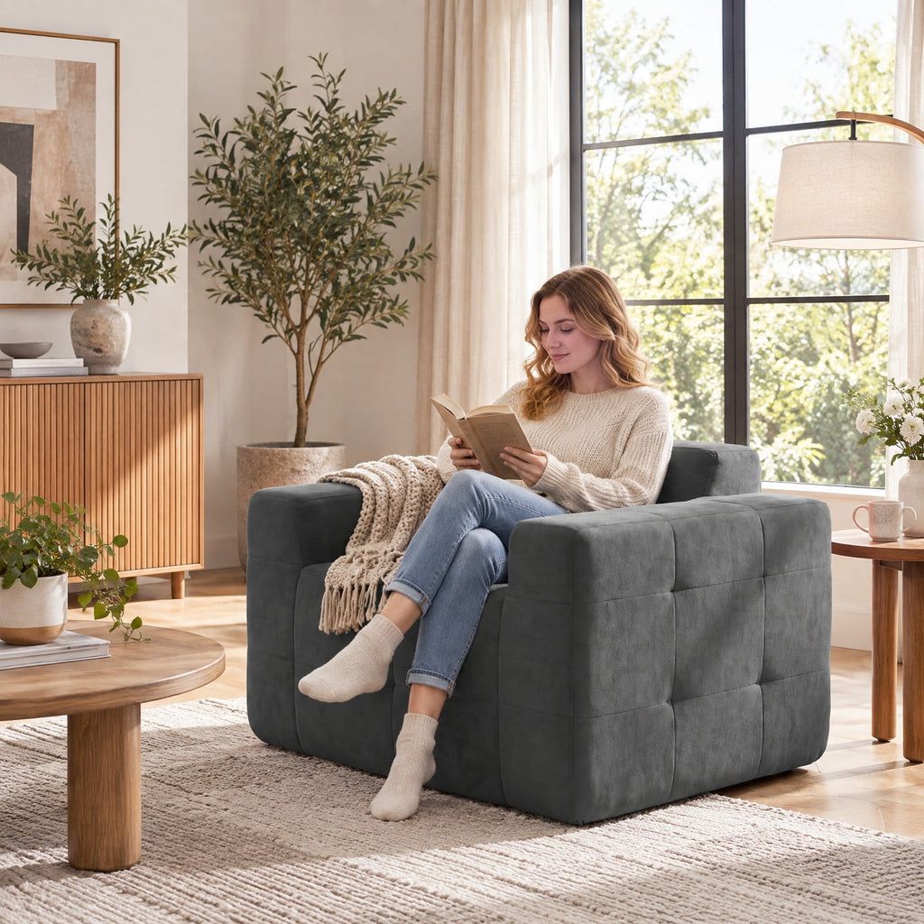 Airfind Boneless Single Sofa Chair Cloud Sofa with Terry Cloth Upholstery, 352 lbs Capacity, Terry Cloth Sponge Frame, Gray