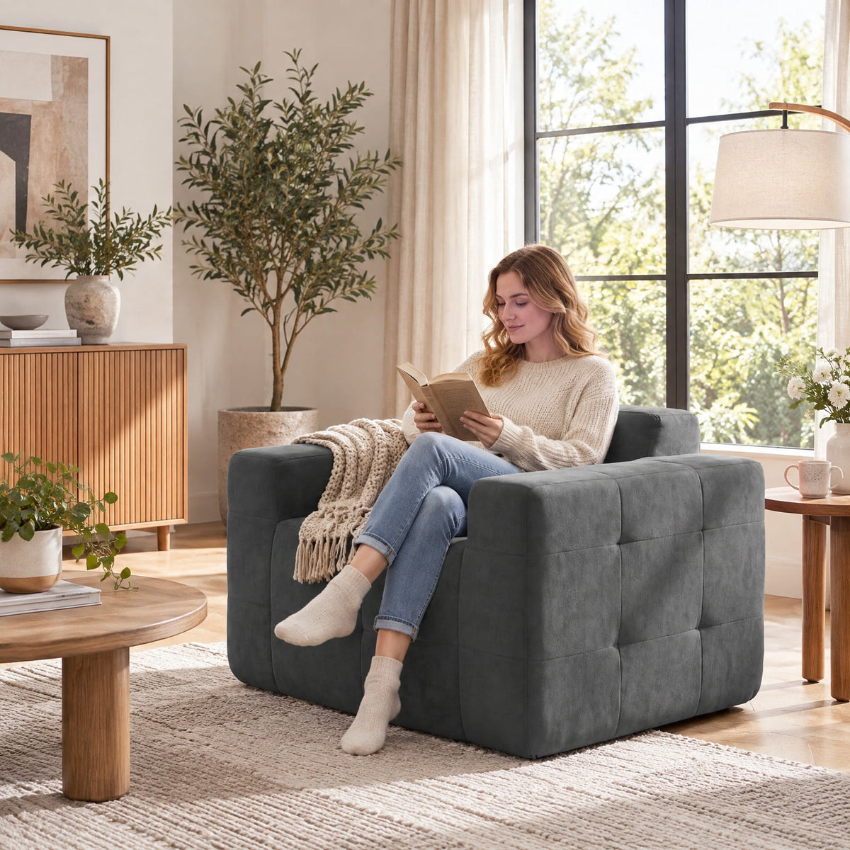 Airfind Boneless Single Sofa Chair Cloud Sofa with Terry Cloth Upholstery, 352 lbs Capacity, Terry Cloth Sponge Frame, Gray