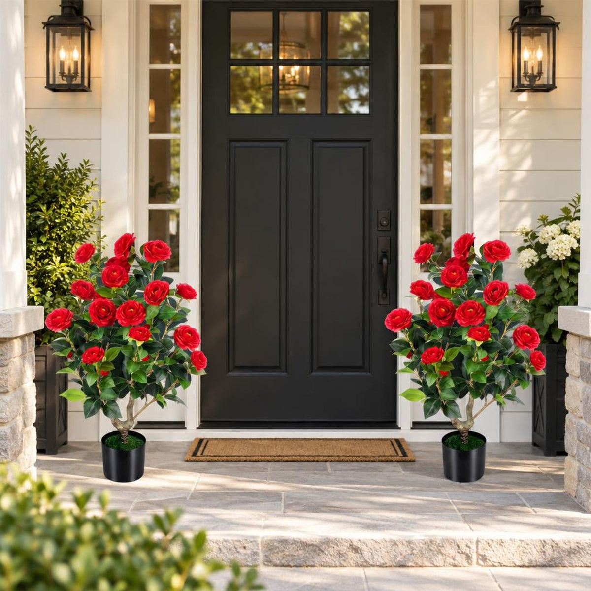 Airfind Artificial Camellia Tree Faux Flower Plant in Cement-Filled Pot=Red, PE PP Cement Overall Height 35.5 Flower Pot Height 5 Flower Pot Frame