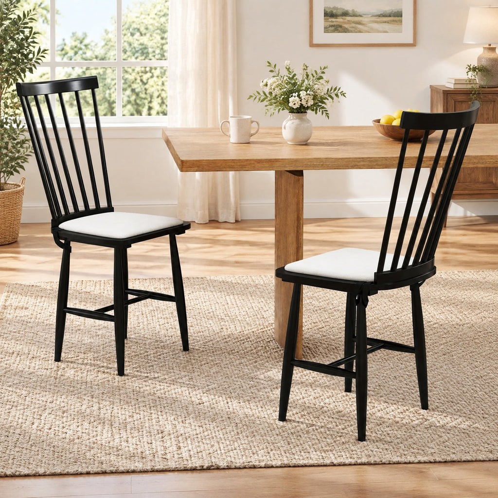 Airfind Dining Chairs Set of 2 Farmhouse Solid Rubber Wood Windsor Chairs with Removable Seat Cushions, 420 lbs Capacity, Black
