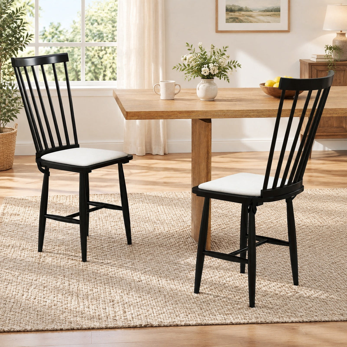 Airfind Dining Chairs Set of 2 Farmhouse Solid Rubber Wood Windsor Chairs with Removable Seat Cushions, 420 lbs Capacity, Black