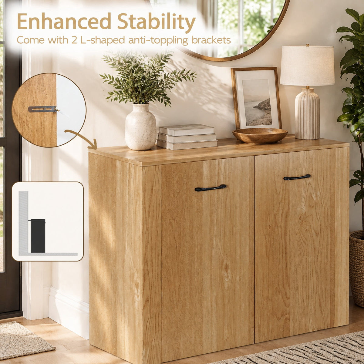 Airfind 38 Inch Buffet Modern Sideboard Cabinet with Storage, 88 lbs Capacity, Engineered Wood Frame, 38 Inch x 15.5 Inch x 32.5 Inch Footprint, Natural