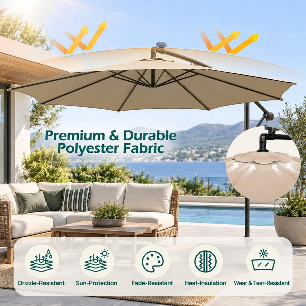 Airfind 10 Feet Patio Offset Umbrella with 112 Solar-Powered LED Lights, Polyester Fabric Metal Frame, 10 x 8 ft Footprint, Beige