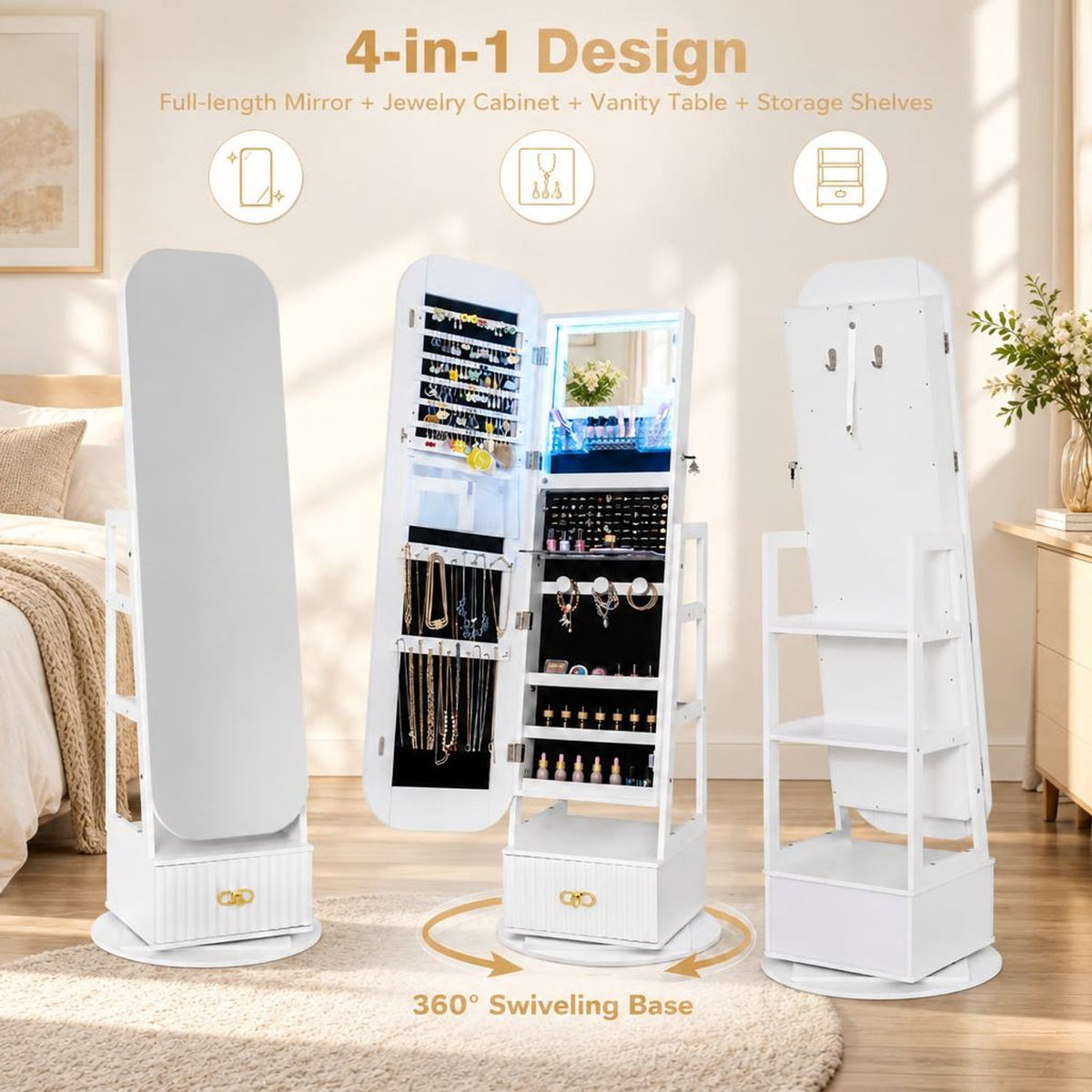 Airfind Swivel Jewelry Cabinet with Full-Length Mirror and LED Lights and Storage Shelves, Engineered Wood Frame, 22in x 22in x 65in Footprint, White