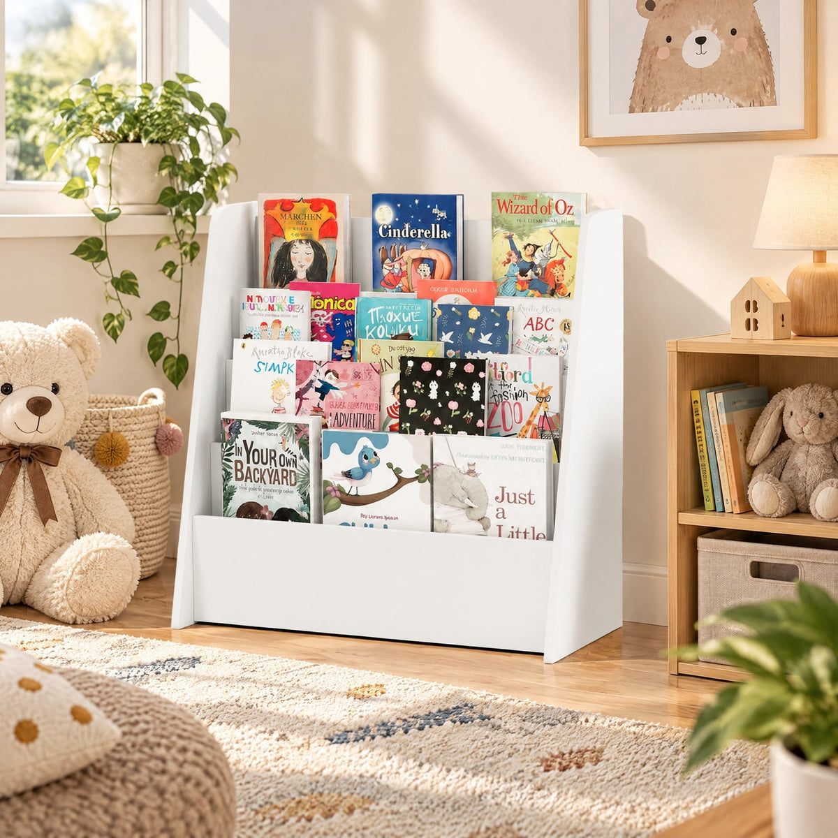 Airfind 4-Tier Kids Bookshelf with Deep Compartments for Bedroom, White, 4 open and deep compartments for book storage