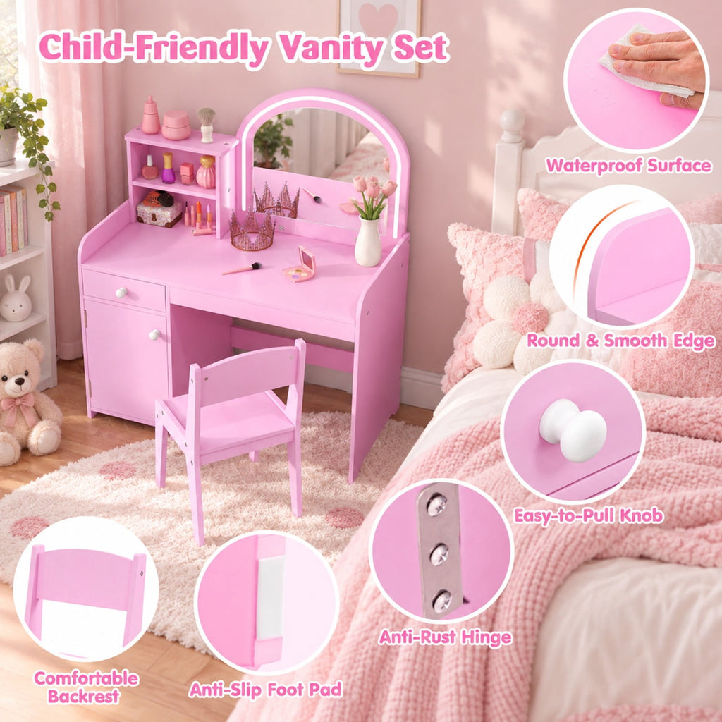 Airfind Kids Vanity Table and Chair Set with Shelves Drawer and Cabinet, P2 MDF Acrylic Frame, for Over 3 Years Old, 31.5 Inch x 16 Inch x 37 Inch Footprint