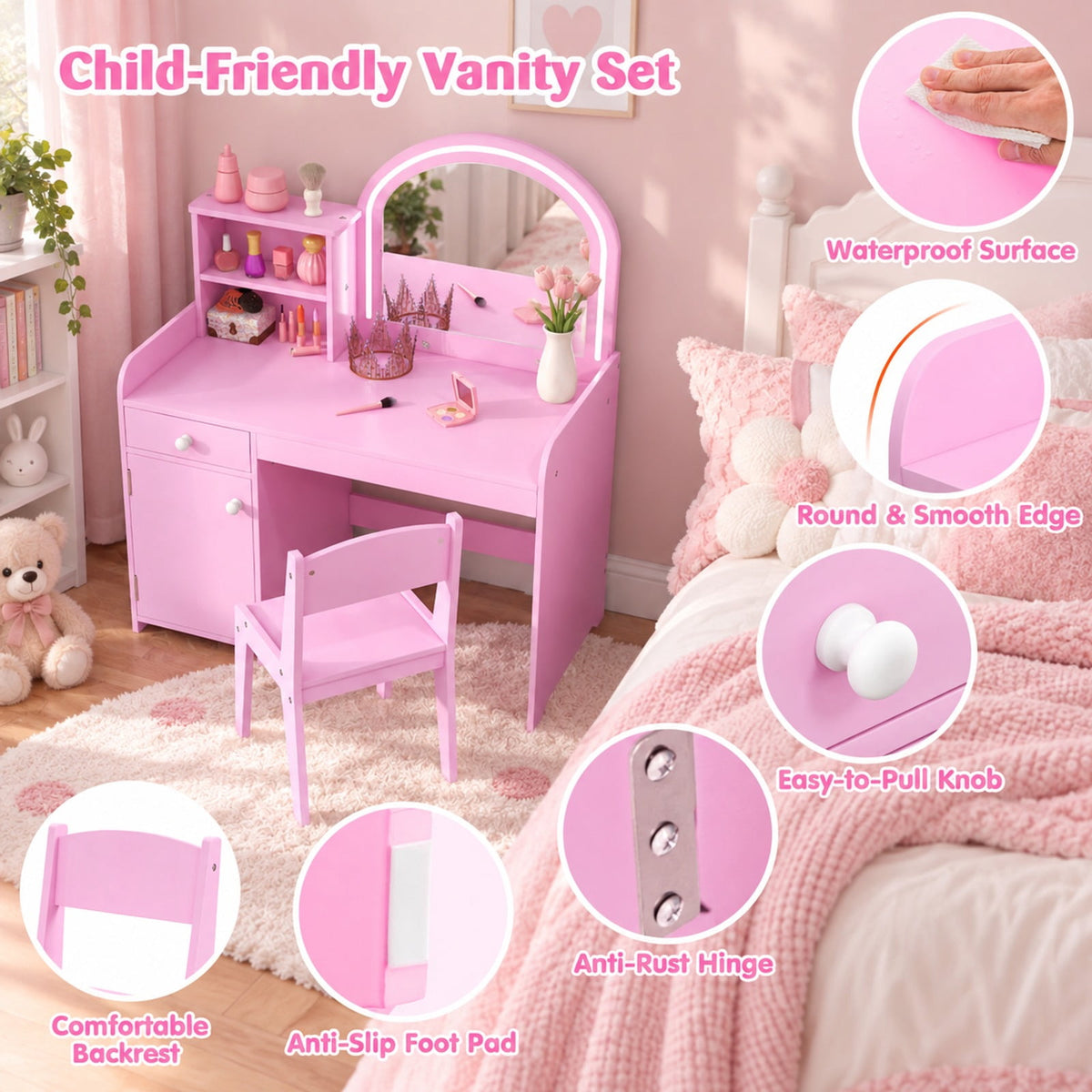 Airfind Kids Vanity Table and Chair Set with Shelves Drawer and Cabinet, P2 MDF Acrylic Frame, for Over 3 Years Old, 31.5 Inch x 16 Inch x 37 Inch Footprint