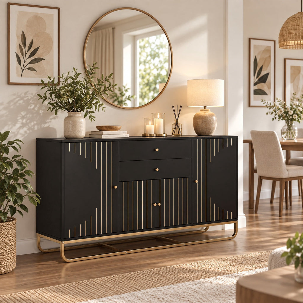 Airfind Modern Buffet Sideboard Cabinet w/ 2 Drawers Adjustable Shelves for Dining Room, 176 lbs Capacity, Engineered Wood Metal Frame, Black