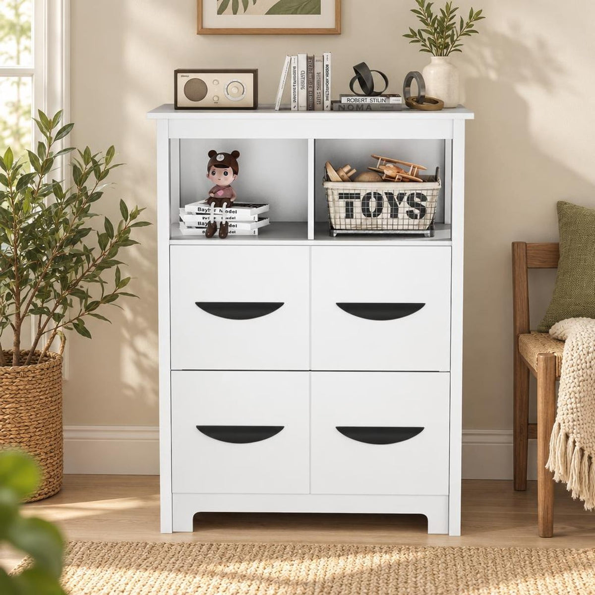 Airfind 24 Inch Floor Cabinet with 2 Open Compartments and 2 Drawers, MDF Engineered Wood Frame, 24in x 12in x 31.5in Footprint, White