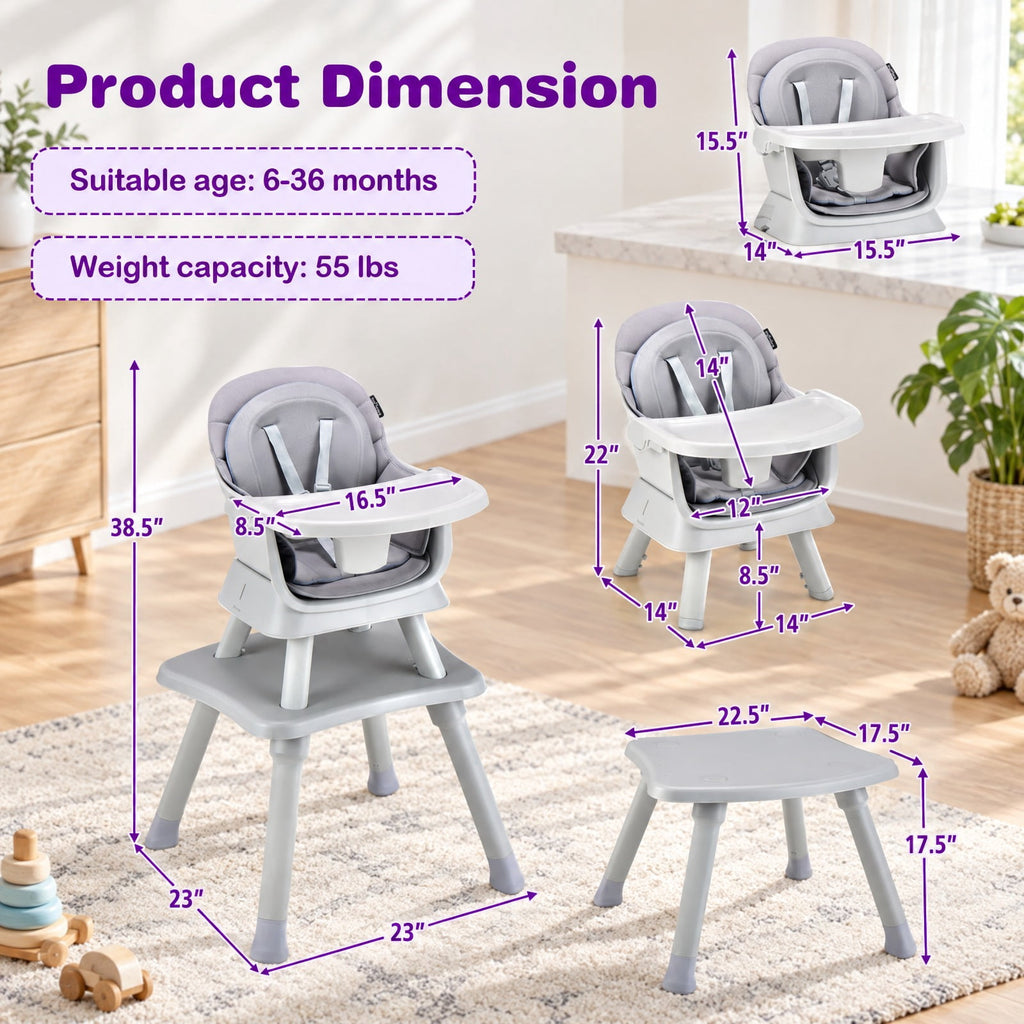 Airfind 6-in-1 Convertible Youth High Chair featuring Adjustable Removable Tray, 55 lbs Capacity, PP PU Fabric Frame, for 6-36 Months, Gray