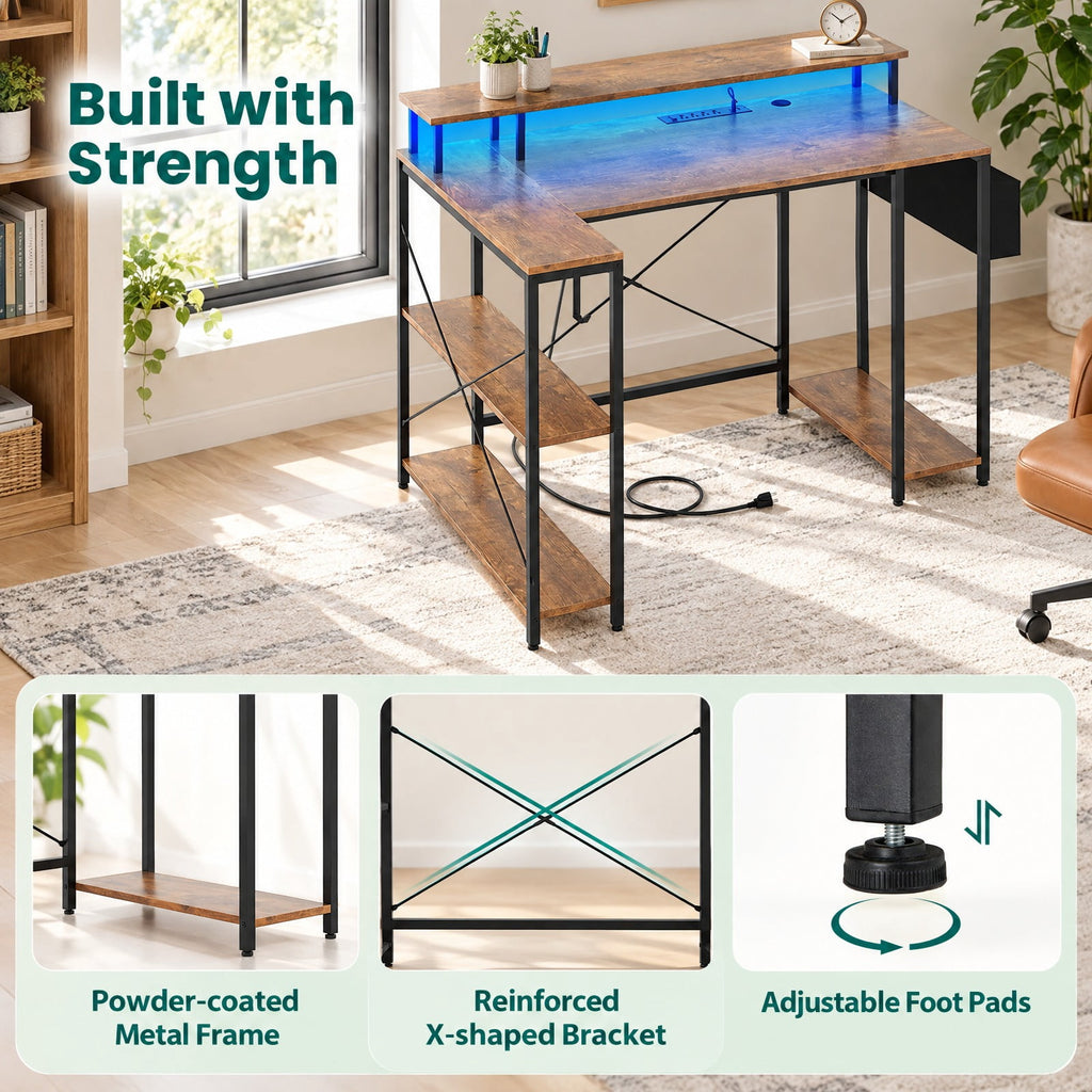 Airfind L-Shaped Gaming Desk with LED Lights and Power Outlets, 200 lbs Capacity, Engineered Wood Metal Frame, 48 x 31.5 x 34.5 Footprint, Brown