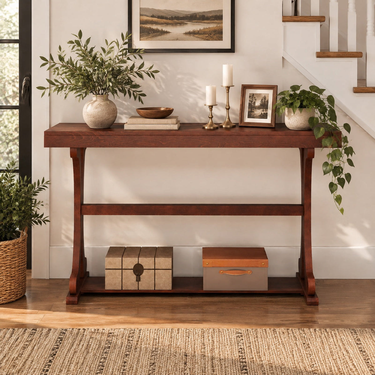 Airfind Narrow Console Table Vintage 52 Inch Long with Open Storage Shelf, 220 lbs Capacity, Solid Wood MDF Frame, 52 x 17 x 30 Footprint, Walnut