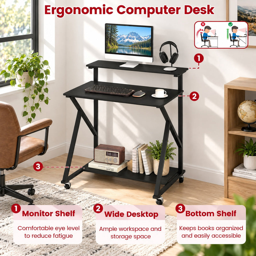 Airfind 32 Inch Rolling Computer Desk for Small Spaces with Power Outlets, 155 lbs Capacity, Engineered Wood Metal Frame, Black