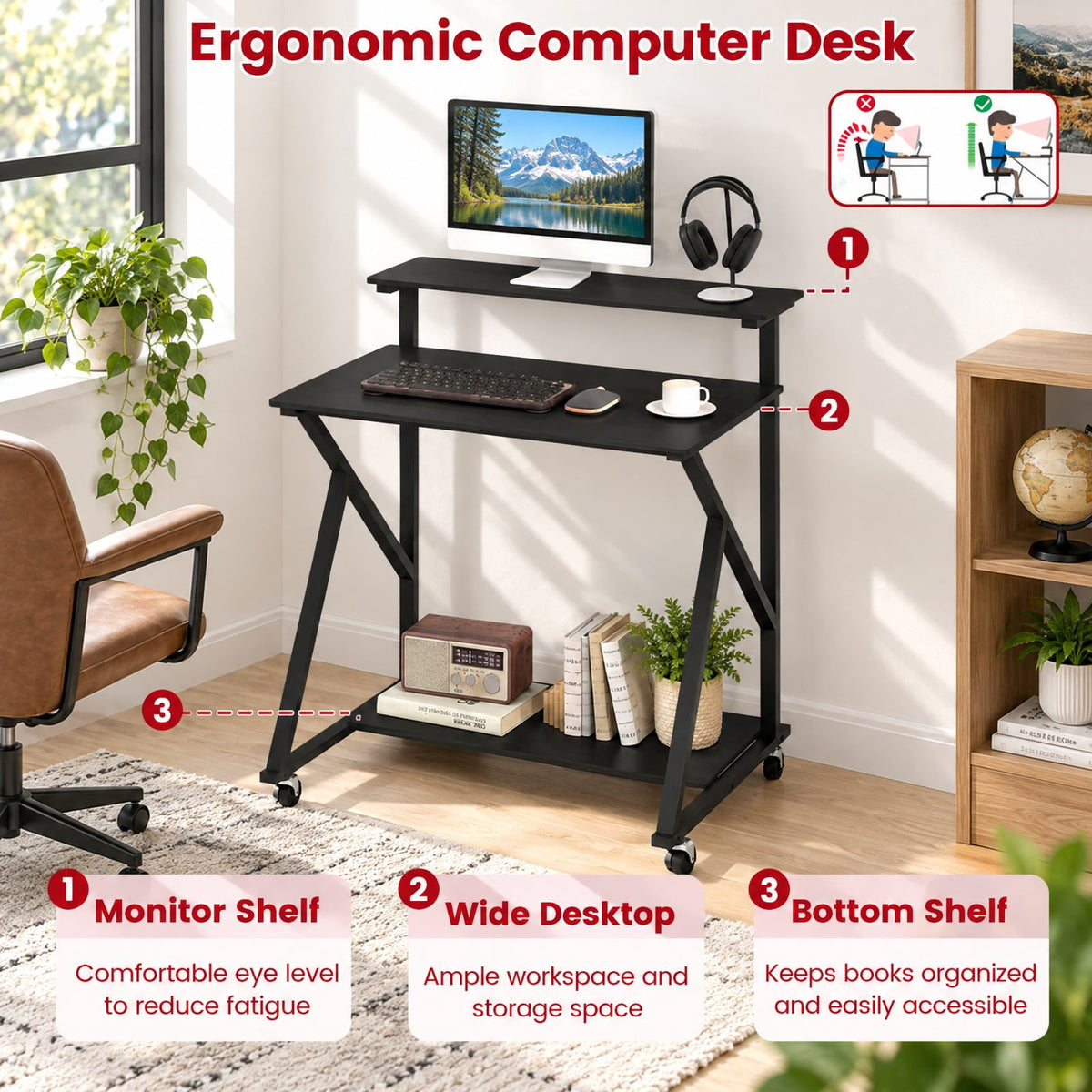 Airfind 32 Inch Rolling Computer Desk for Small Spaces with Power Outlets, 155 lbs Capacity, Engineered Wood Metal Frame, Black