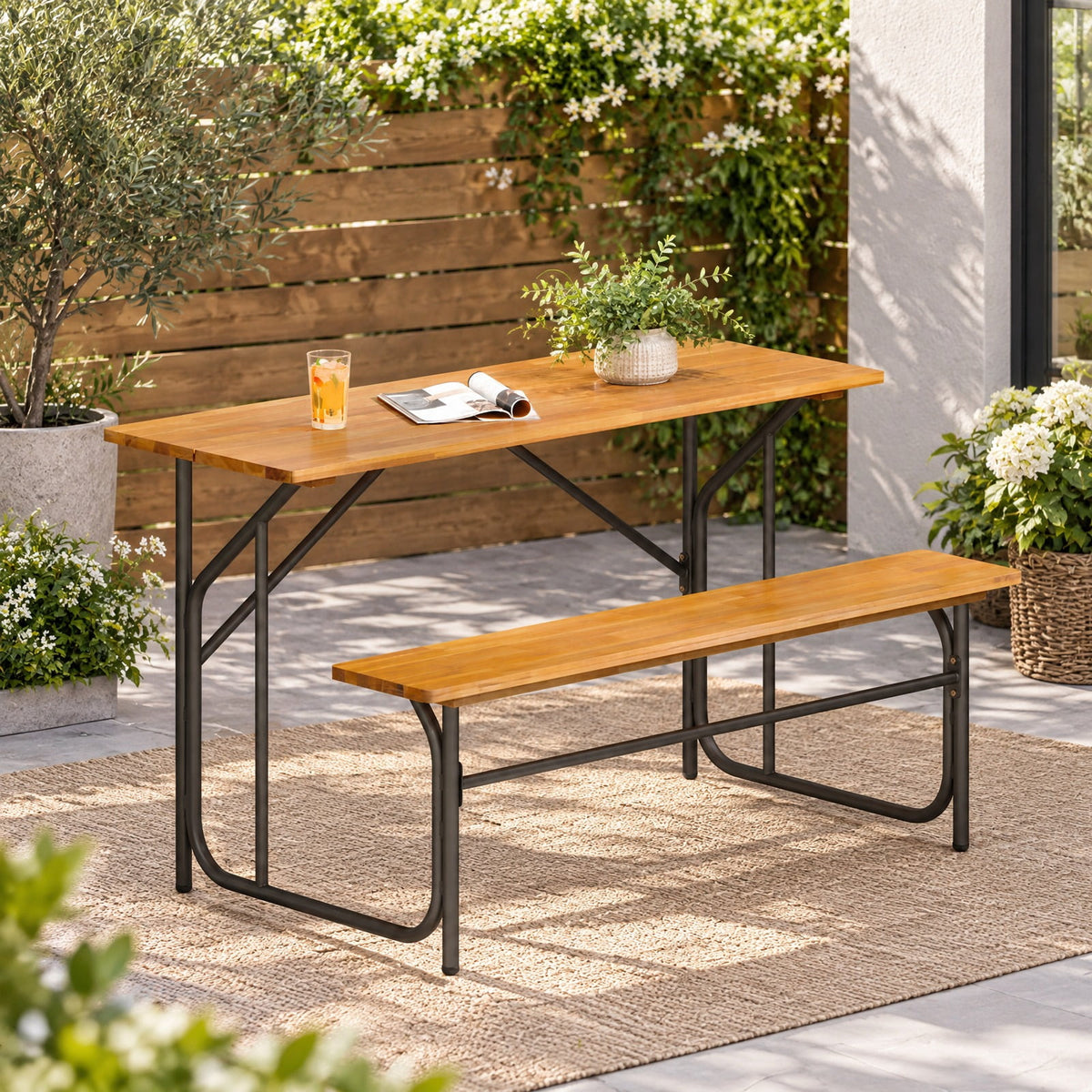 Airfind Acacia Wood Patio Table Bench for 2 People One, 180 lbs Capacity, Acacia Wood Metal Frame, 52 x 32 x 29.5 Footprint, Wood