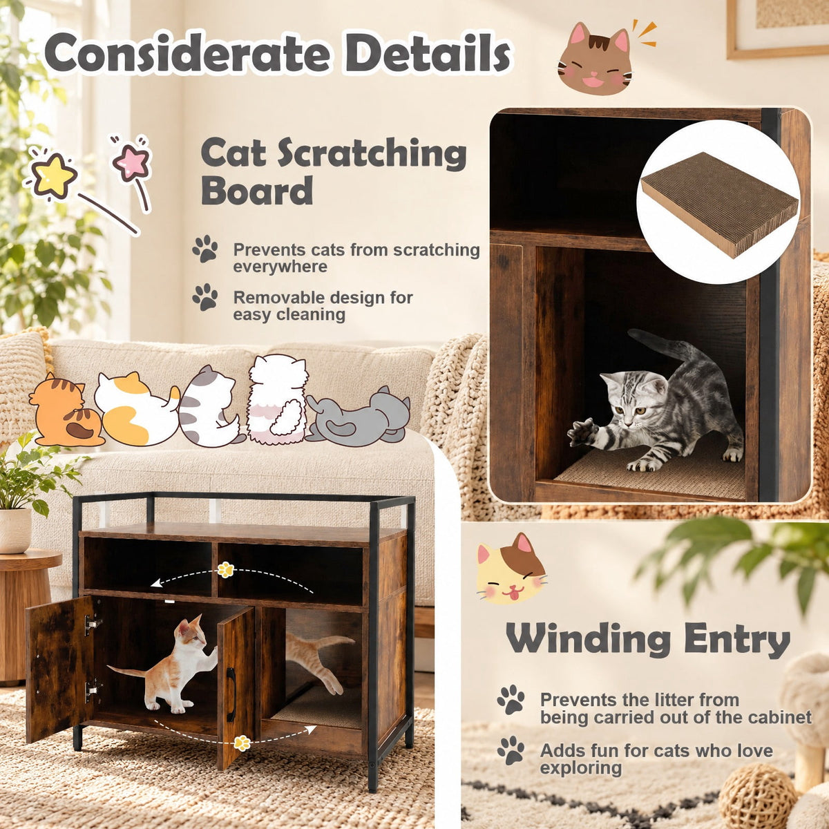 Airfind Hidden Cat Washroom with Double Doors and Scratch Cardboard, MDF Metal Frame, 35 x 17.5 x 29.5 Compartment Footprint, Coffee