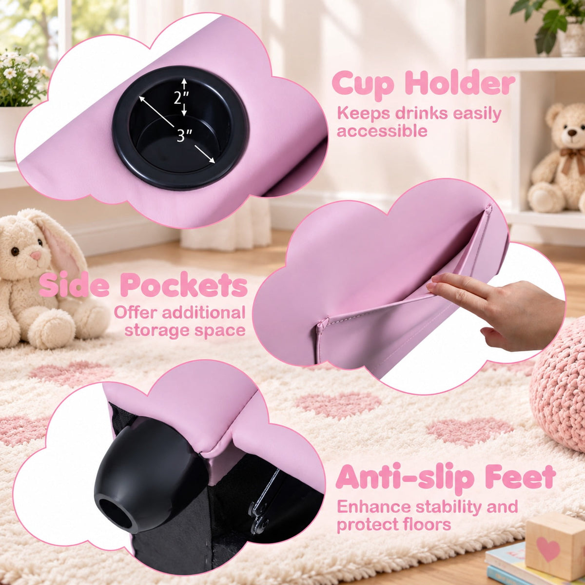 Airfind Youth Recliner Chair with Cup Holder, Side Pocket and Push-back Footrest, PU Upholstery, 24 x 21 x 30 in for Everyday Use, Pink