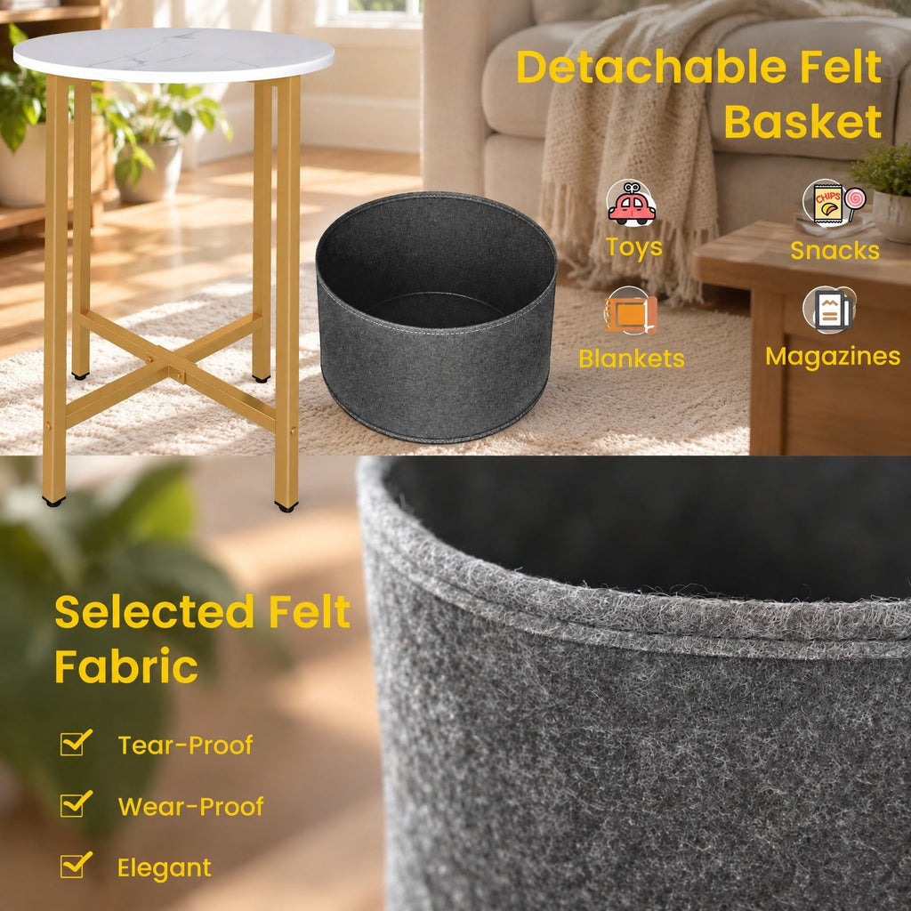 Airfind Round End Table 2-Tier Side Table with Removable Fabric Basket and Metal Frame, 44 lbs Capacity, Metal Engineered Wood Felt Frame, White