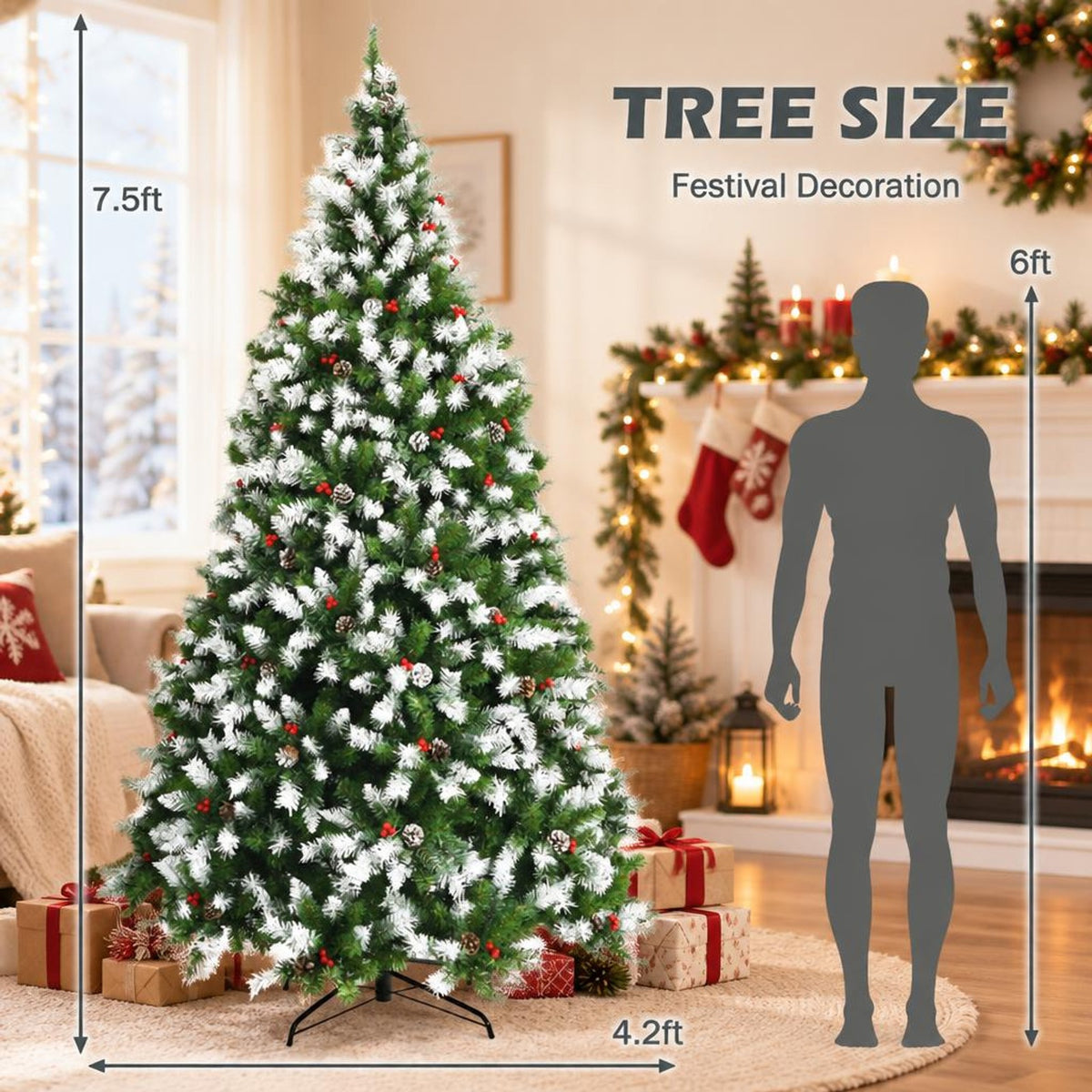 Airfind Pre-Lit Hinged Lifelike Lush Artificial Christmas Tree with PVC Tips-7.5 Feet, PVC metal Frame, 6ft x 3.6ft/7.5ft x 4.2ft/9ft x 4.7ft Footprint