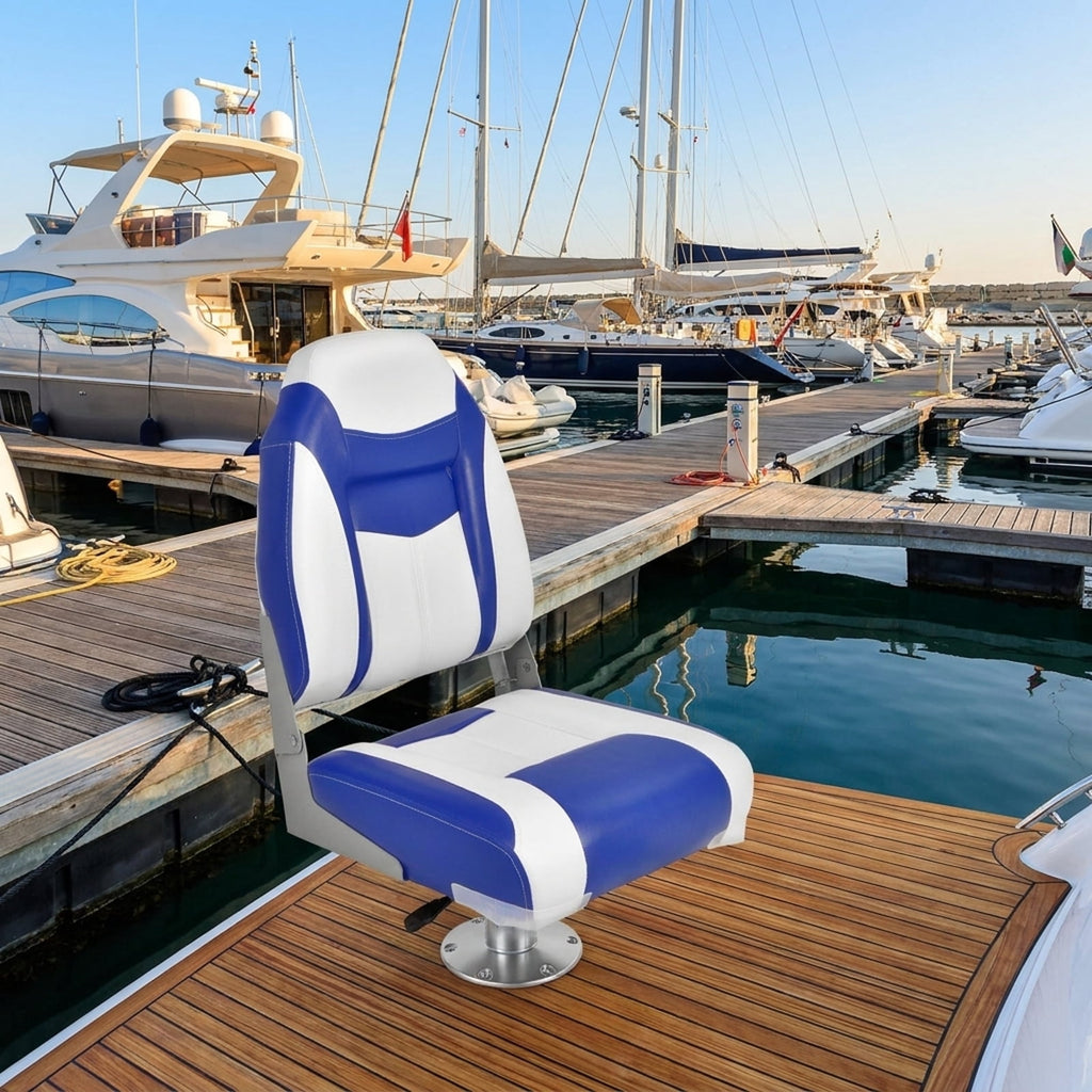 Airfind High Back Folding Boat Seat with Soft Padded Cushion and Waterproof Vinyl for Fishing and Pontoon Boats with Aluminum Hinges, Blue