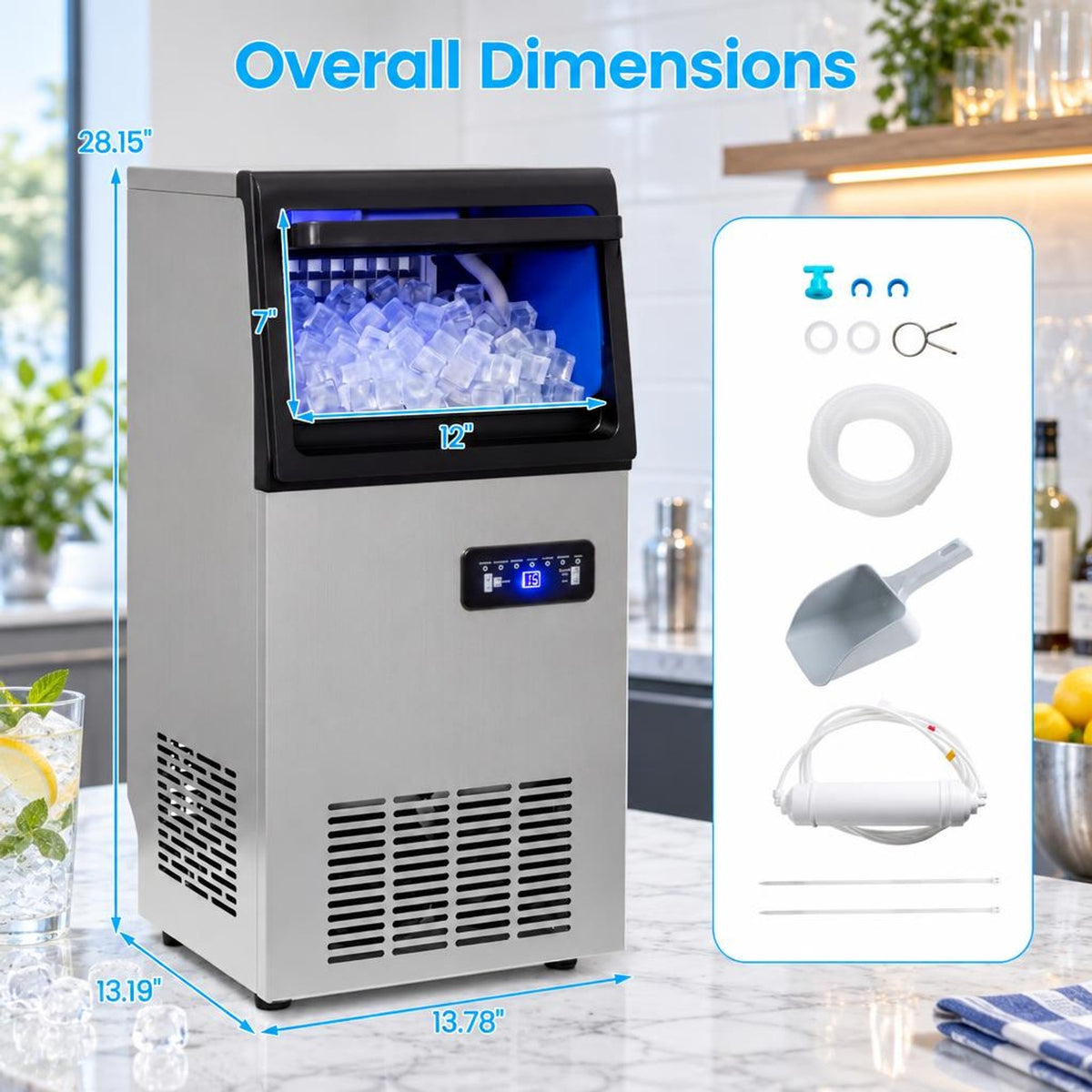 Airfind Stainless Steel Commercial Ice Maker 110 Lbs/24h, Stainless Steel Galvanized Steel Acrylic PP for Convenient Everyday Use, Silver