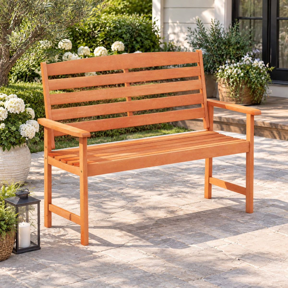 Airfind Outdoor Wooden Bench for 2 People with Curved Seat, Slatted Back and Armrests, 530 lbs Capacity for Porch and Patio, Natural