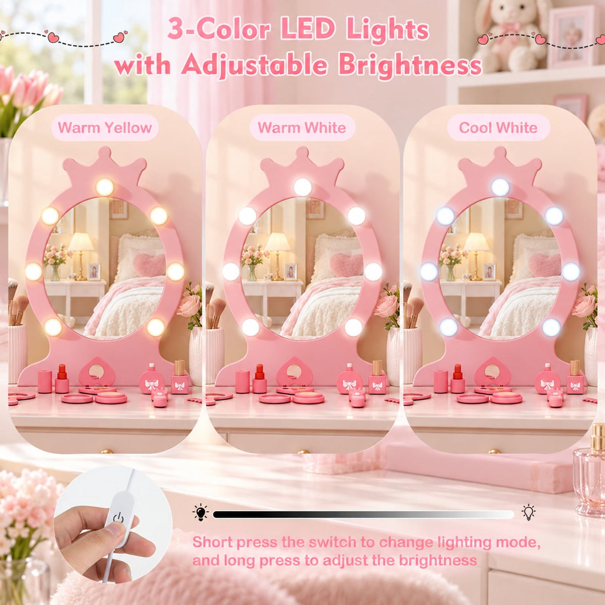 Airfind Kids Vanity Set with Lighted Mirror with Adjustable Brightness and Large Drawer, 110 lbs Capacity, MDF Frame, for 3-7 Years Old, Pink