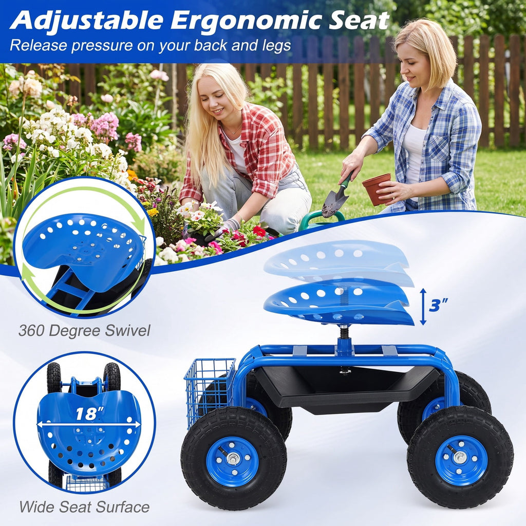 Airfind Garden Cart with Heavy Duty Tool Tray, 33 x 16 x 22 Footprint, Blue, Height adjustable and 360 degrees of rotation