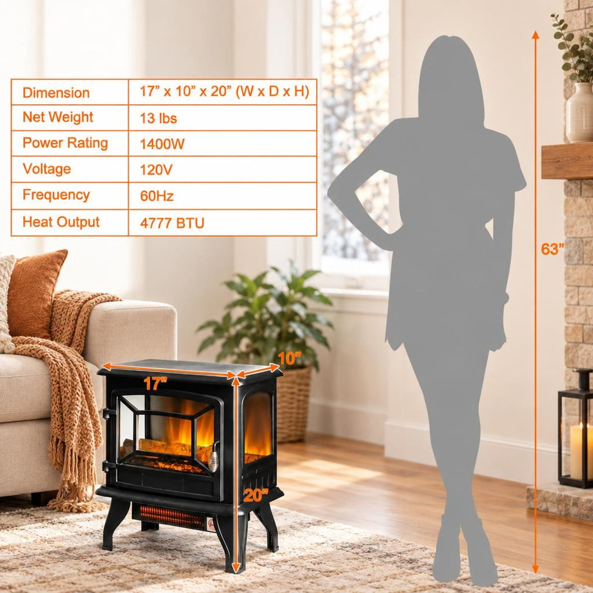 Airfind Freestanding Fireplace Heater featuring Realistic Dancing Flame Effect, 50 lbs Power Rating: 1400W Capacity, Steel Tempered Glass Frame, Black