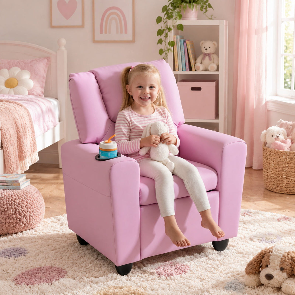 Airfind Kids Recliner Chair Push Back Toddler Reclining Armchair with Cup Holder, 150 lbs Capacity, Wood Frame, for 3+ years old, PInk