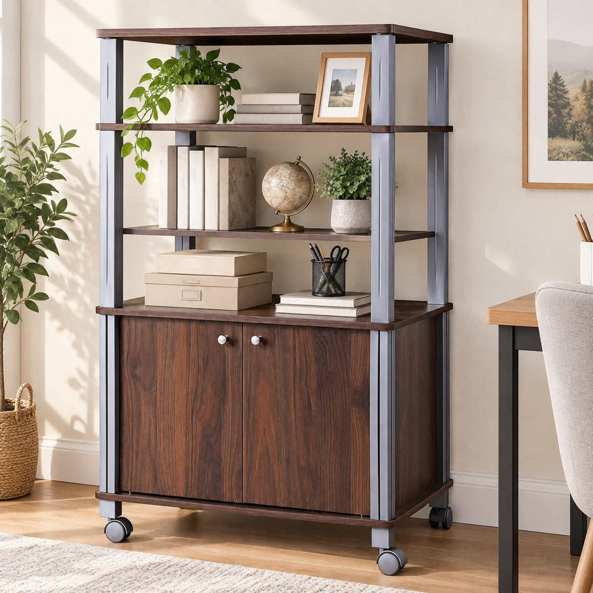 Airfind Microwave Rack Stand Rolling Storage Cart, P2 MDF Frame, 23.5 x 15.5 x 38.5 Footprint, Walnut