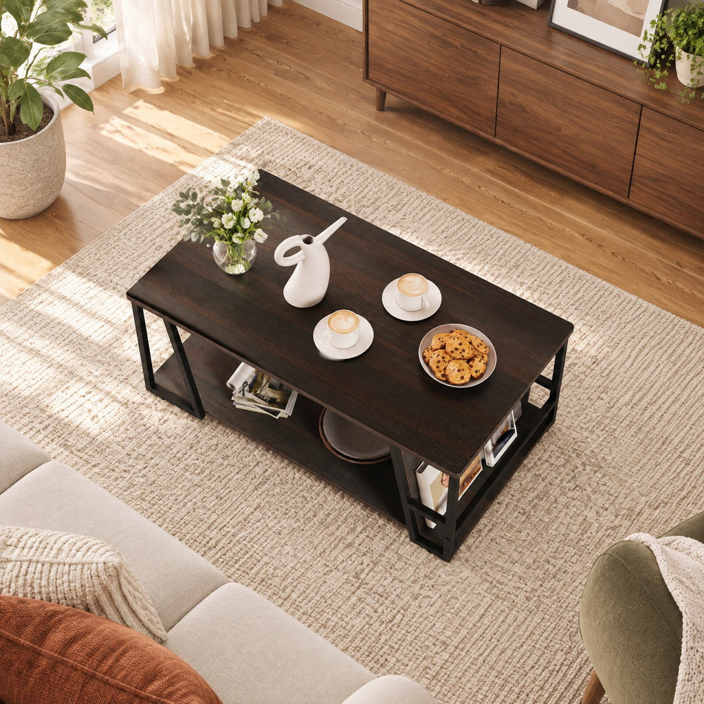 Airfind Rectangle Coffee Table 2-tier Industrial Accent Table with Storage Shelf and Compartment, 176 lbs Capacity, Engineered Wood Metal Frame