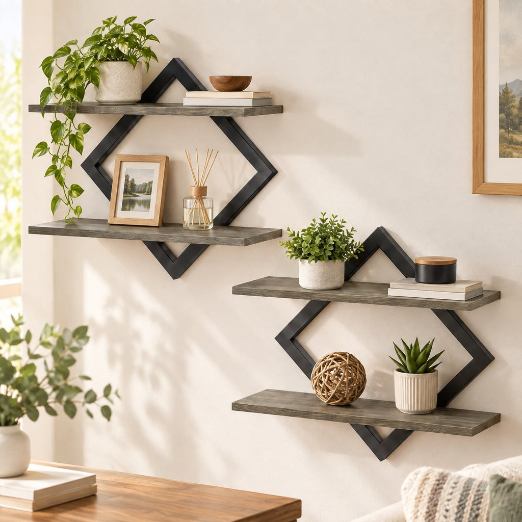 Airfind Set of 2 Metal Floating Shelves for Wall featuring Geometric Frame, Engineered Wood Metal Frame, 15 Inch x 6.5 Inch x 14 Inch Footprint, Gray