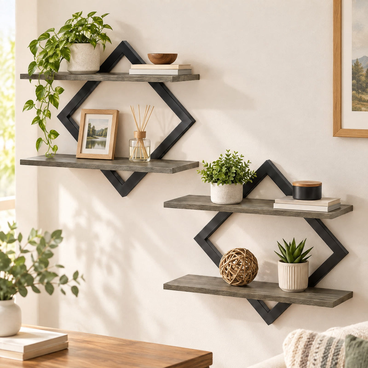 Airfind Set of 2 Metal Floating Shelves for Wall featuring Geometric Frame, Engineered Wood Metal Frame, 15 Inch x 6.5 Inch x 14 Inch Footprint, Gray