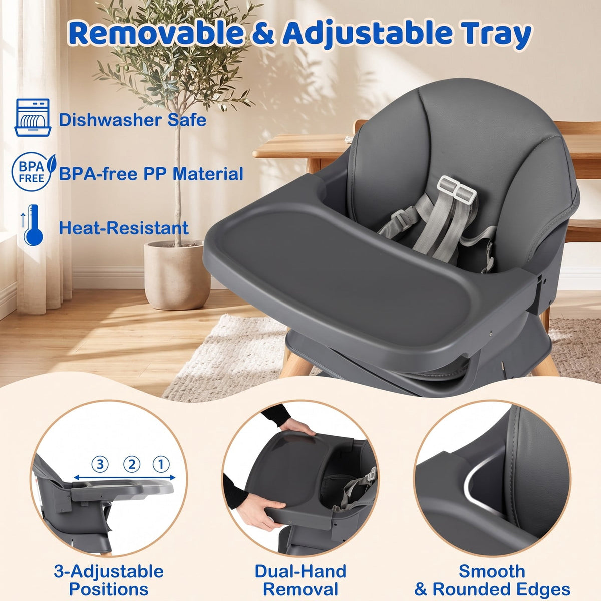 Airfind 9-in-1 Convertible High Chair with Solid Wood Legs for Babies and Toddlers, 33 lbs Capacity, PP Frame, for 6 months to 3 years old, Gray
