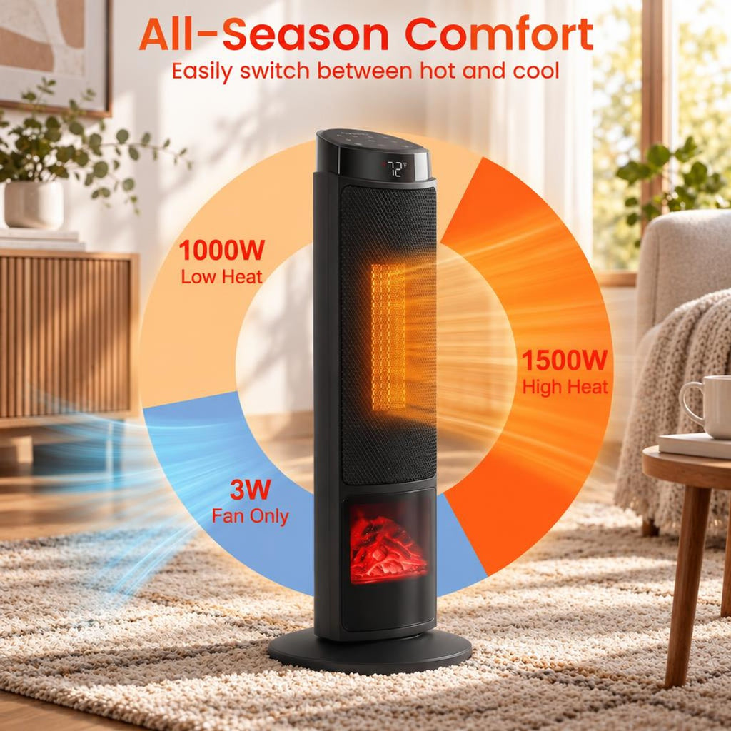 Airfind 24 Inch 1500W PTC Ceramic Tower Space Heater with 7-Color Flame, 9 Inch x 24 InchLength of Footprint for Everyday Use, Black