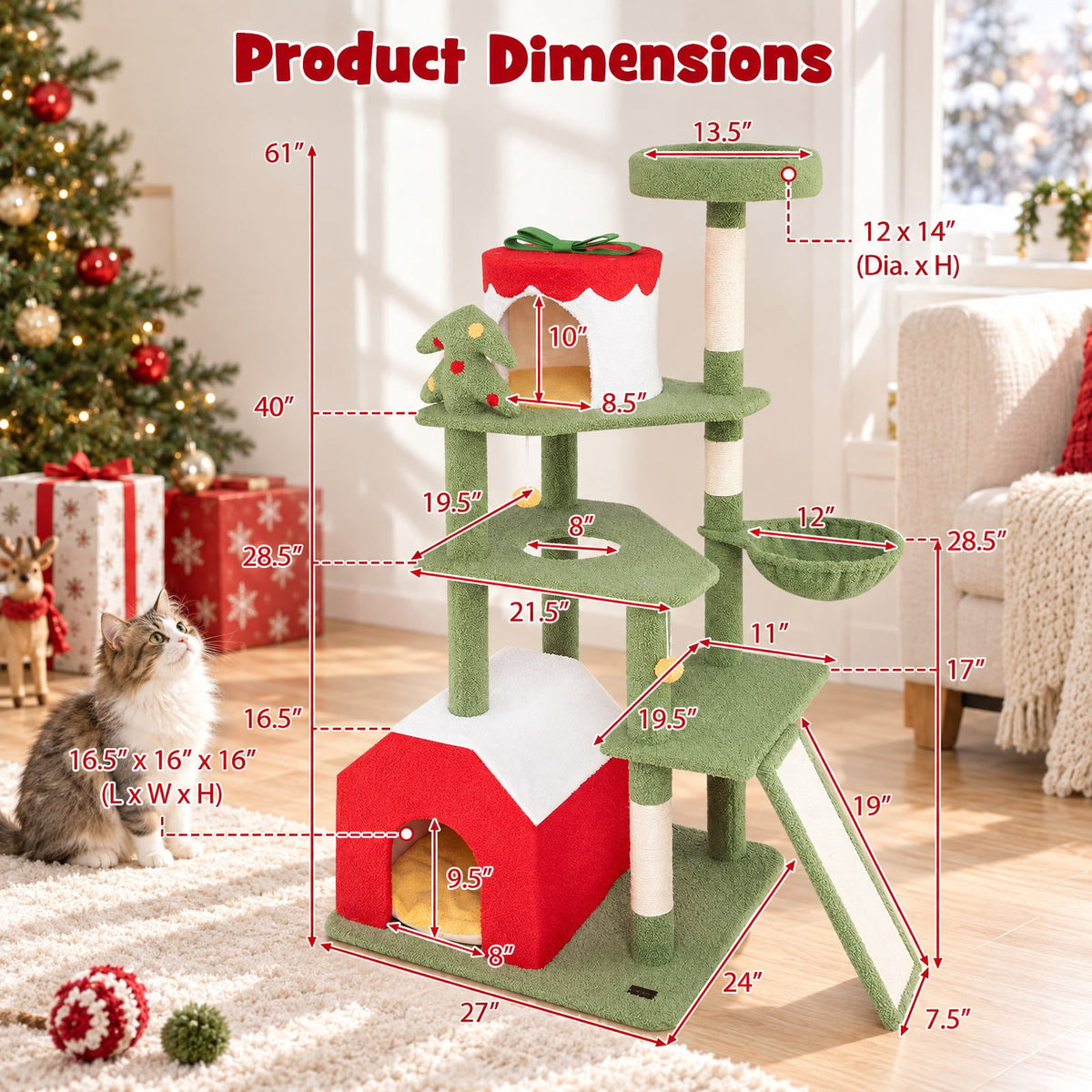 Airfind 61 Inches Cute Christmas Cat Tree with Sisal Scratching Posts and 2 Condos, 22 lbsNet Weight 42.5 lbsBox Qty1(May vary by batch) Capacity