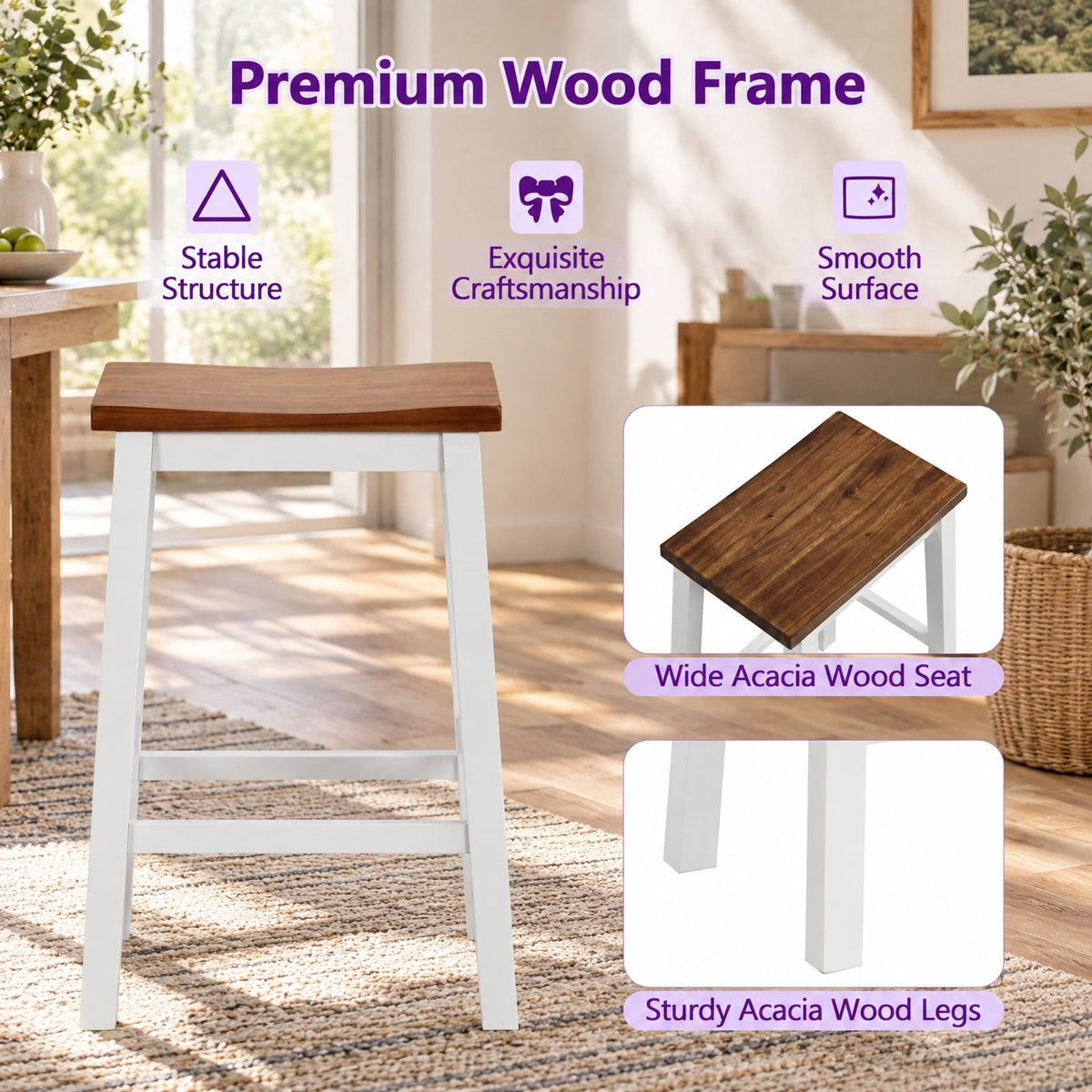 Airfind 24.5-Inch Set of 4 Saddle Stools Bar Stools with Footrests for Kitchen Island-Walnut and Gray, 350 lbs Capacity, Rubber Wood Acacia Wood Frame