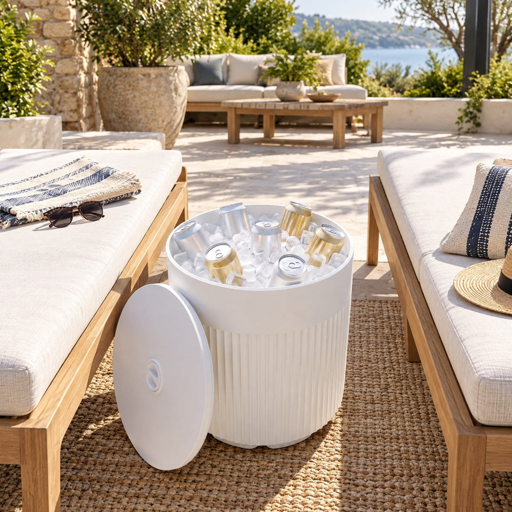 Airfind 3-in-1 Outdoor HDPE Umbrella Base, Cooler and Side Table with Water Bag and 2 Umbrella Hole for Patio, 15 x 15 x 17, White