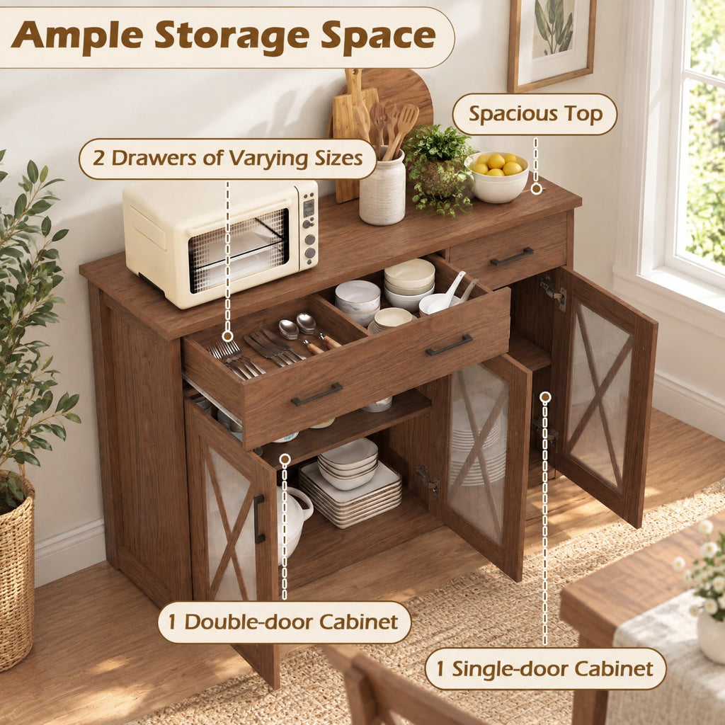 Airfind Farmhouse Buffet Sideboard 3-Door Kitchen Storage Cabinet featuring 2 Drawers, Top 132 lbs Total Capacity, Engineered Wood PC Frame, Brown